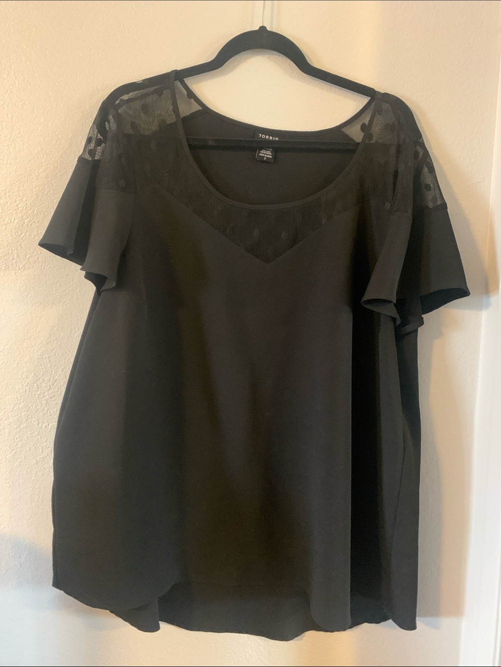 torrid Black Lace Yoke Flutter Sleeve Blouse with Polka Dot Mesh 2x